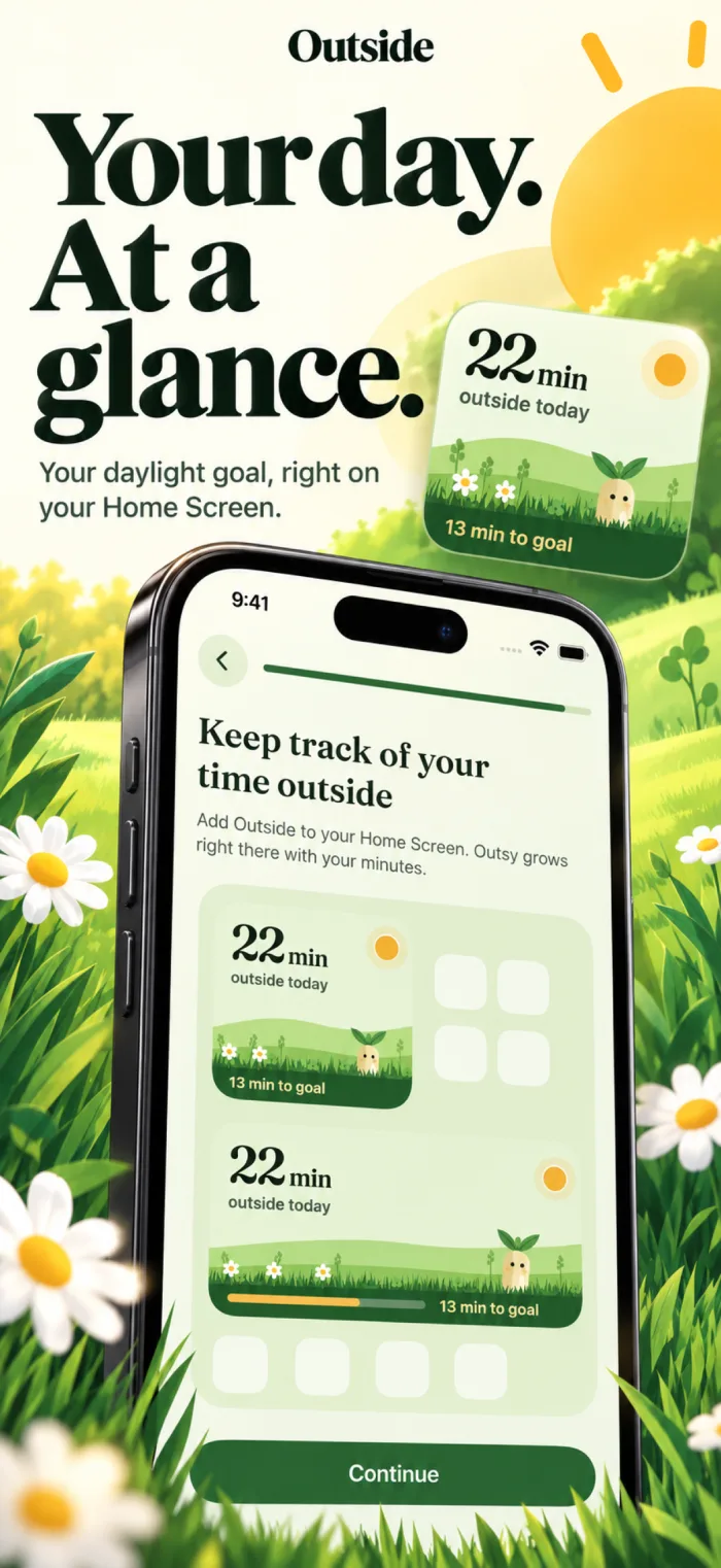 Small and medium Outside widgets on the Home Screen showing 22 minutes outside today